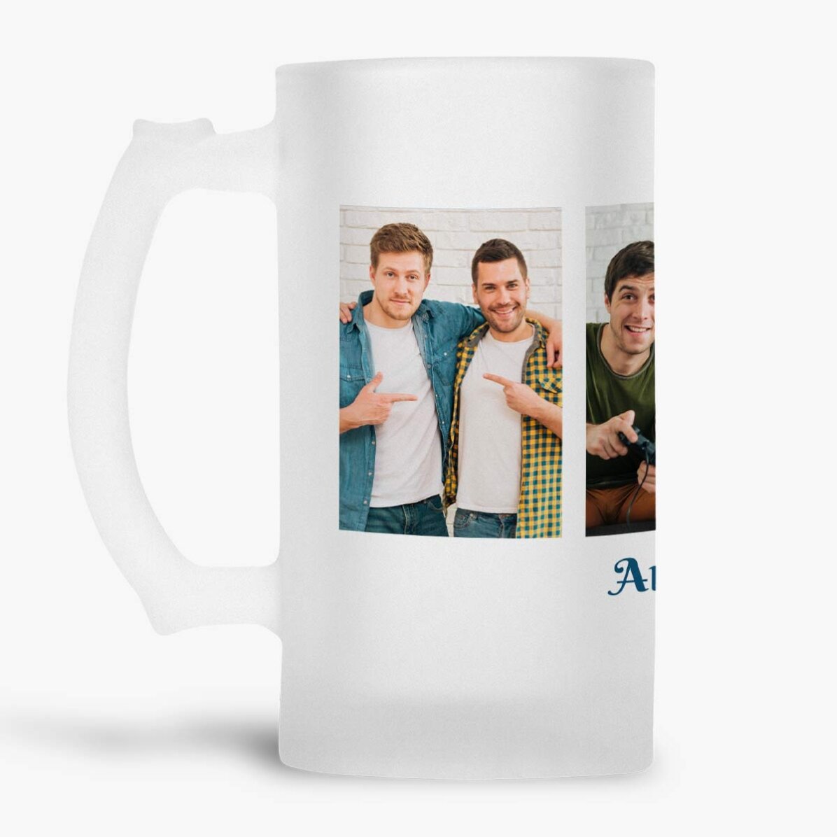 Jarra de cerveza personalizada con 4 fotos y texto
