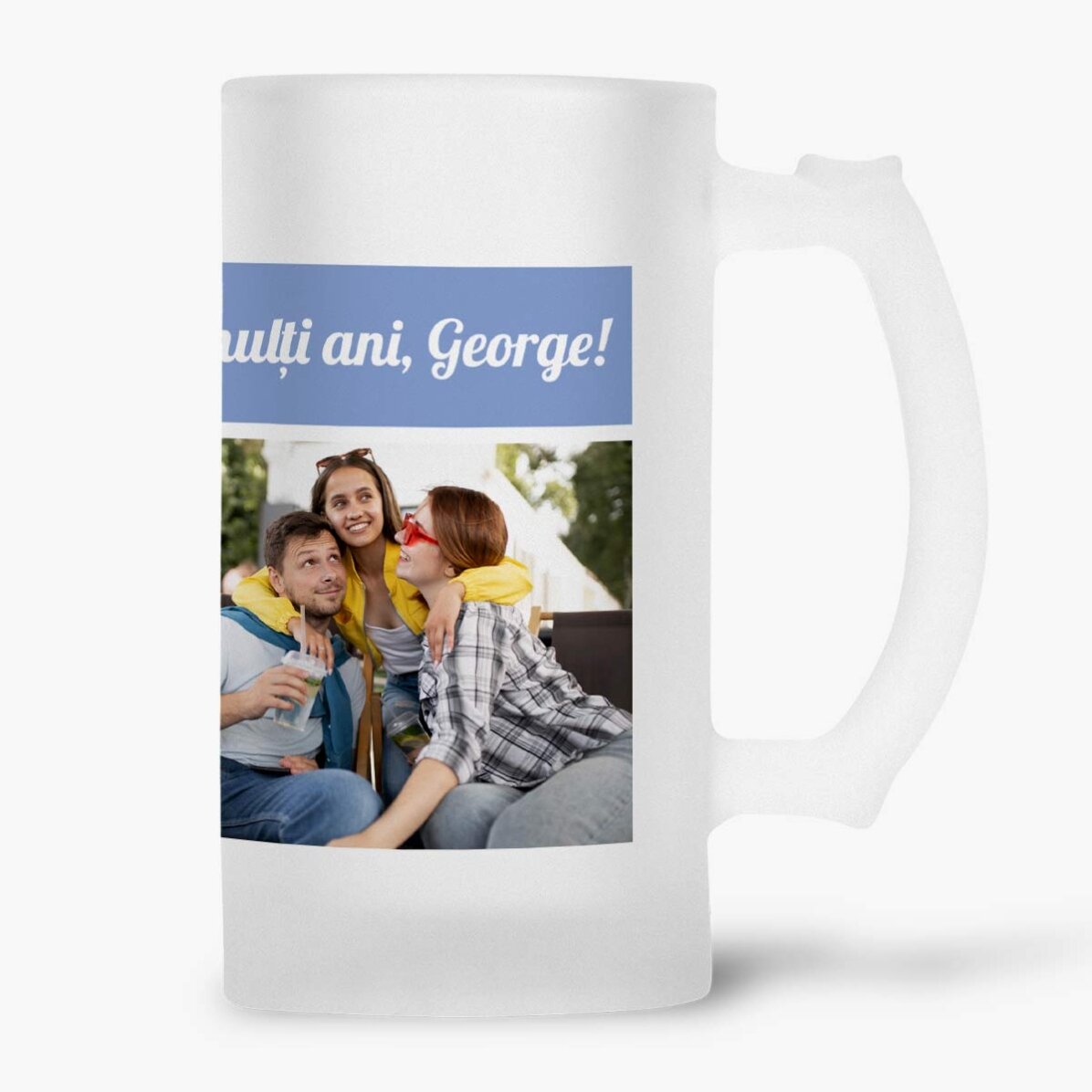 Personalised beer mug with 7 photos and message
