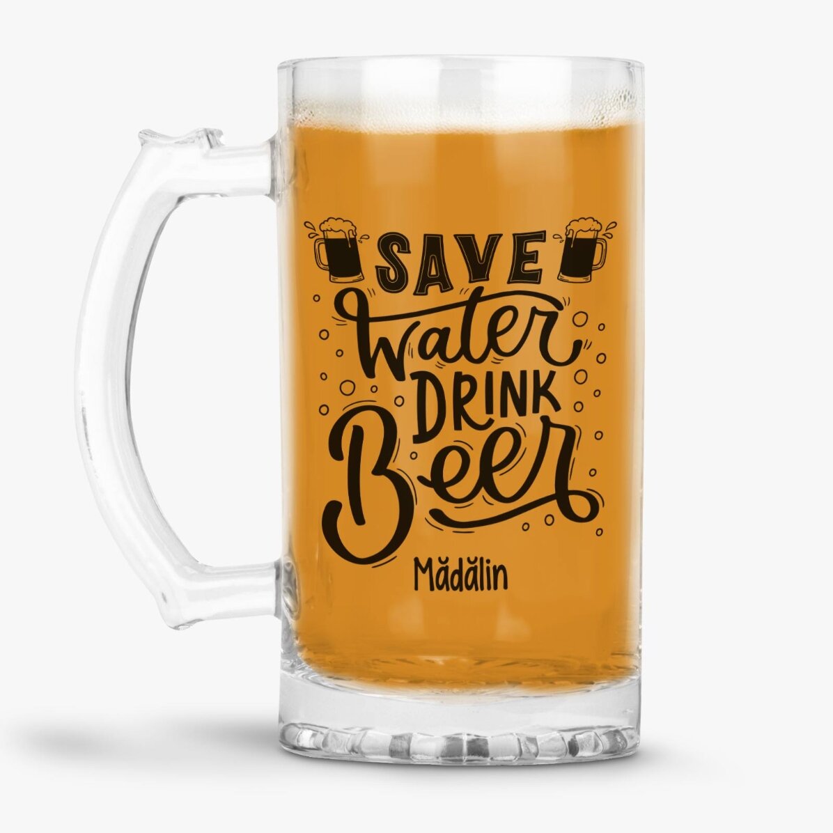 Jarra de cerveza personalizada con el mensaje «Save Water, Drink Beer»