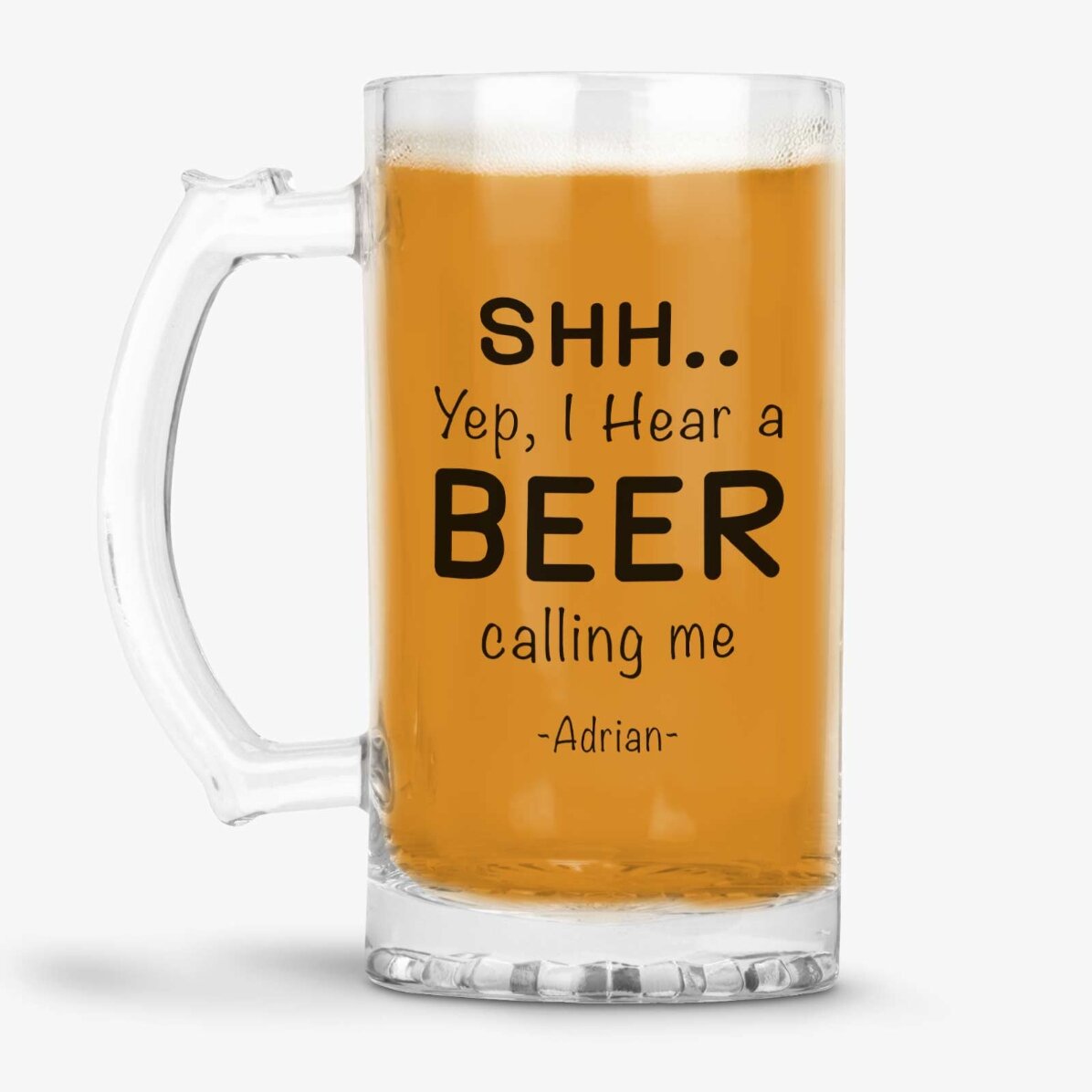 Jarra de cerveza personalizada con mensaje: «SHH... I hear a BEER»