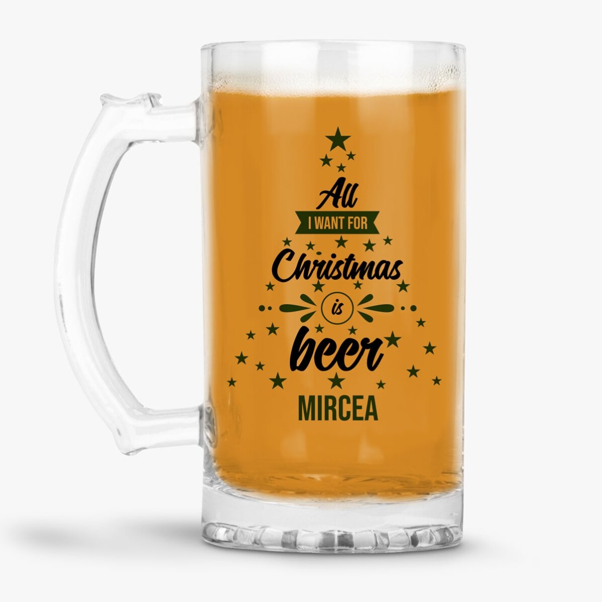 Jarra de cerveza personalizada con texto: «All I want for Christmas»