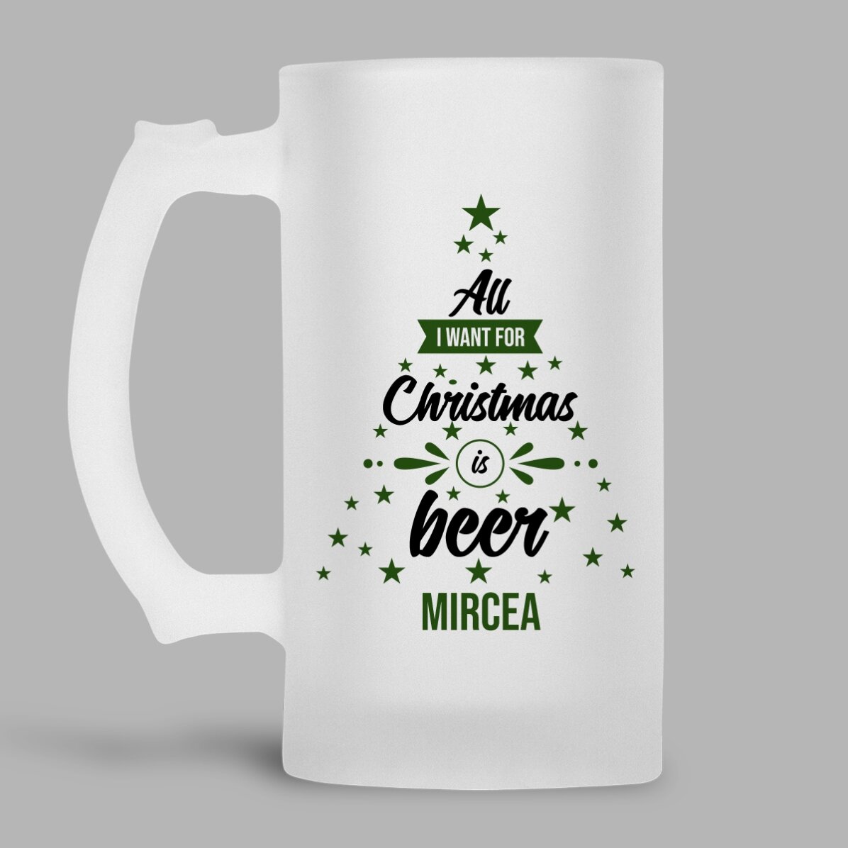 Jarra de cerveza personalizada con texto: «All I want for Christmas»