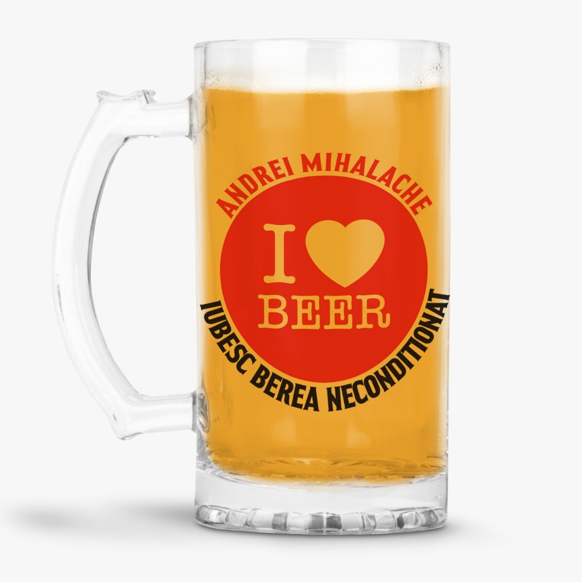 Jarra de cerveza personalizada con el texto «I love beer»