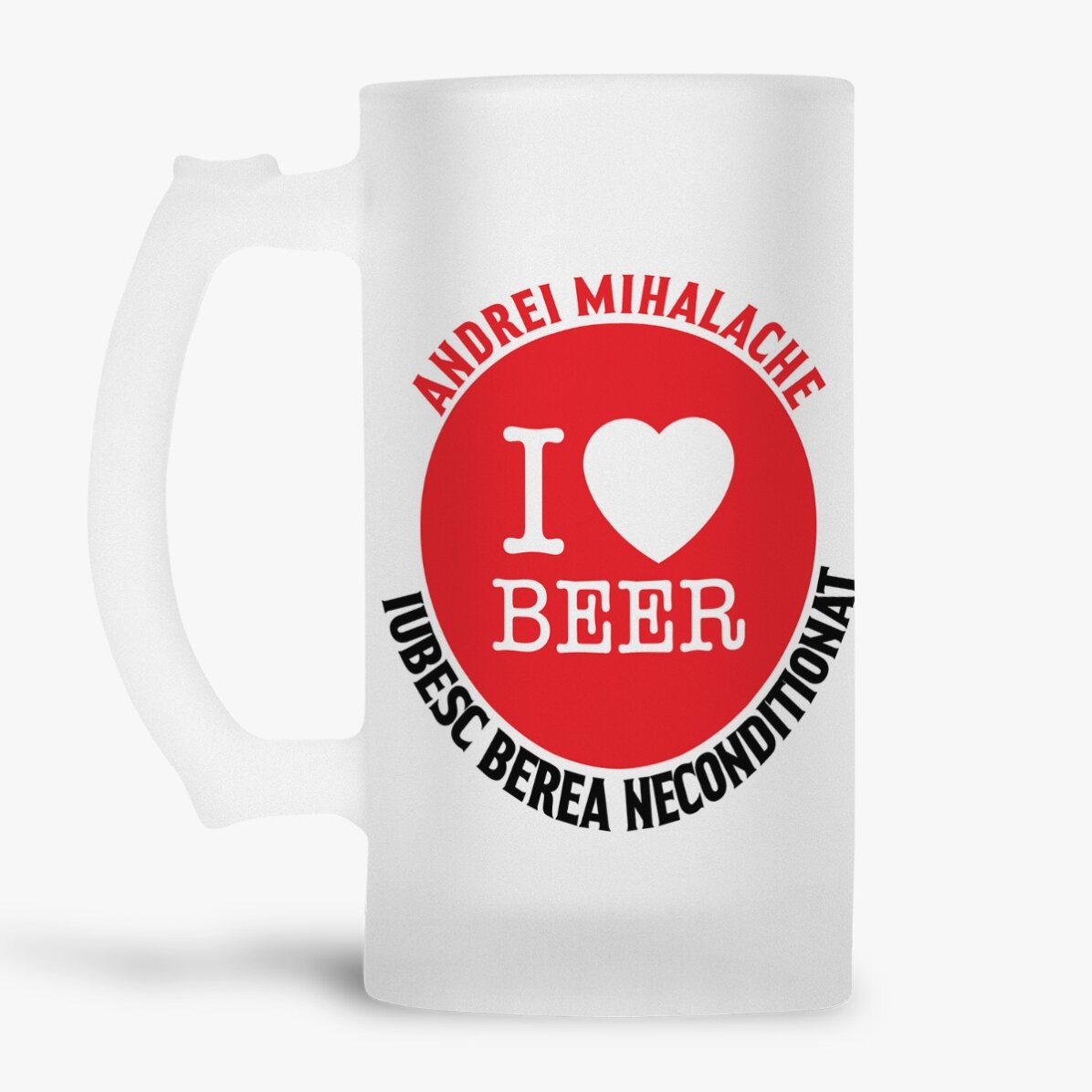 Jarra de cerveza personalizada con el texto «I love beer»
