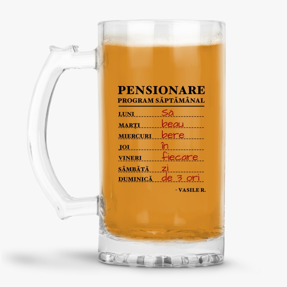 Jarra de cerveza personalizada con un mensaje de jubilación