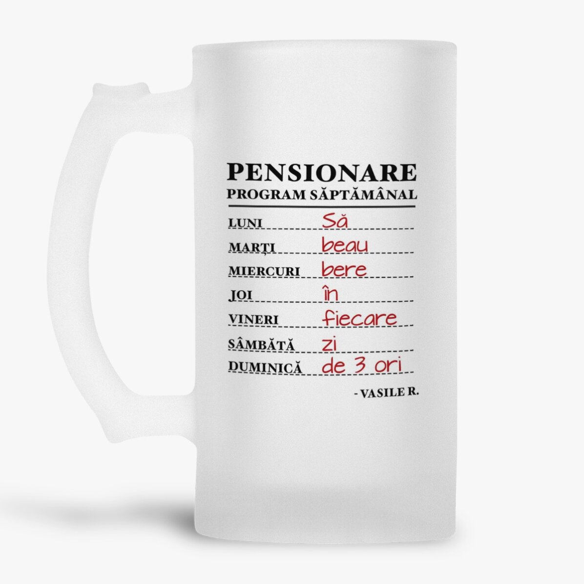 Jarra de cerveza personalizada con un mensaje de jubilación