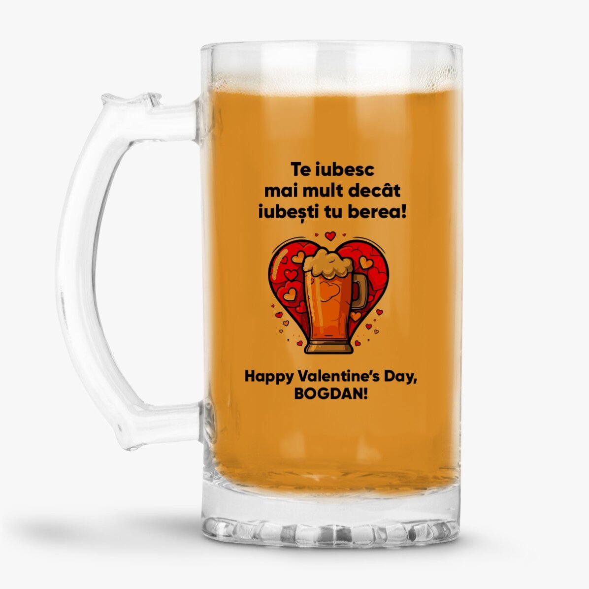 Jarra de cerveza personalizada con el texto «Te quiero más»