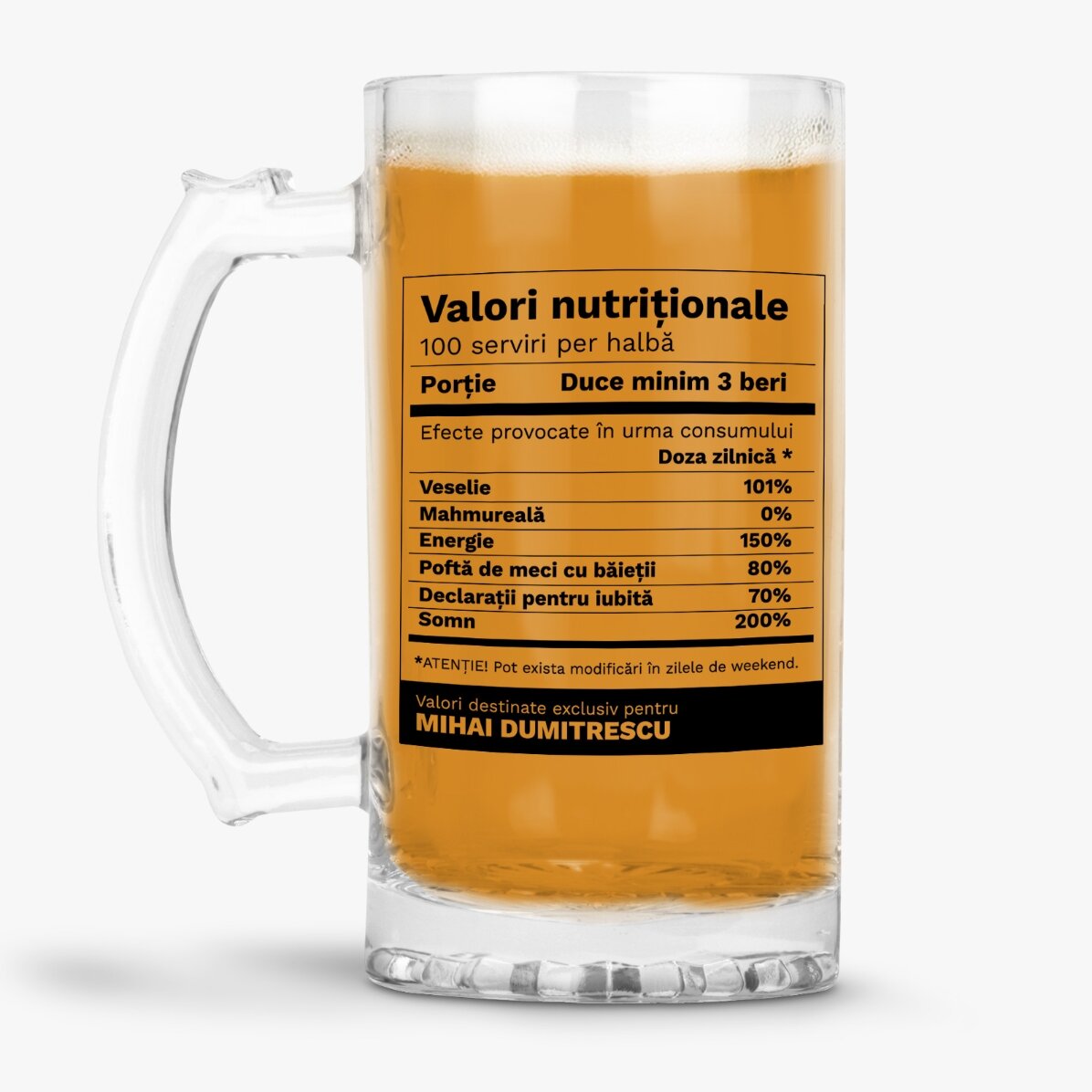 Jarra de cerveza personalizada con texto: datos nutricionales divertidos