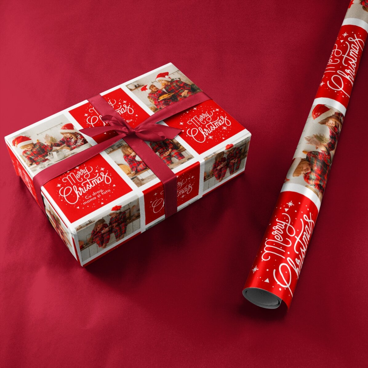 Papel de regalo personalizado con 12 fotos y texto: Cuadraditos y mensajes navideños