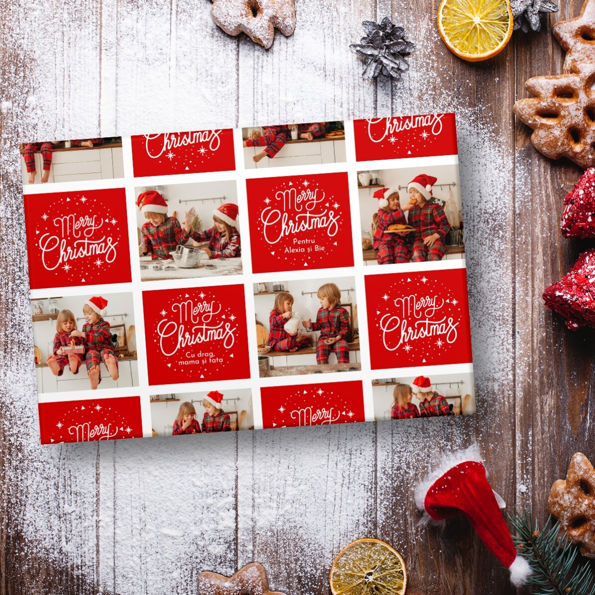 Papel de regalo personalizado con 12 fotos y texto: Cuadraditos y mensajes navideños