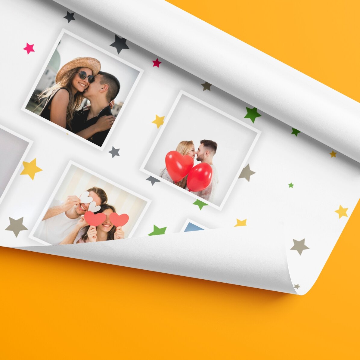 Papel de regalo personalizado con 13 fotos y un fondo de estrellitas de colores