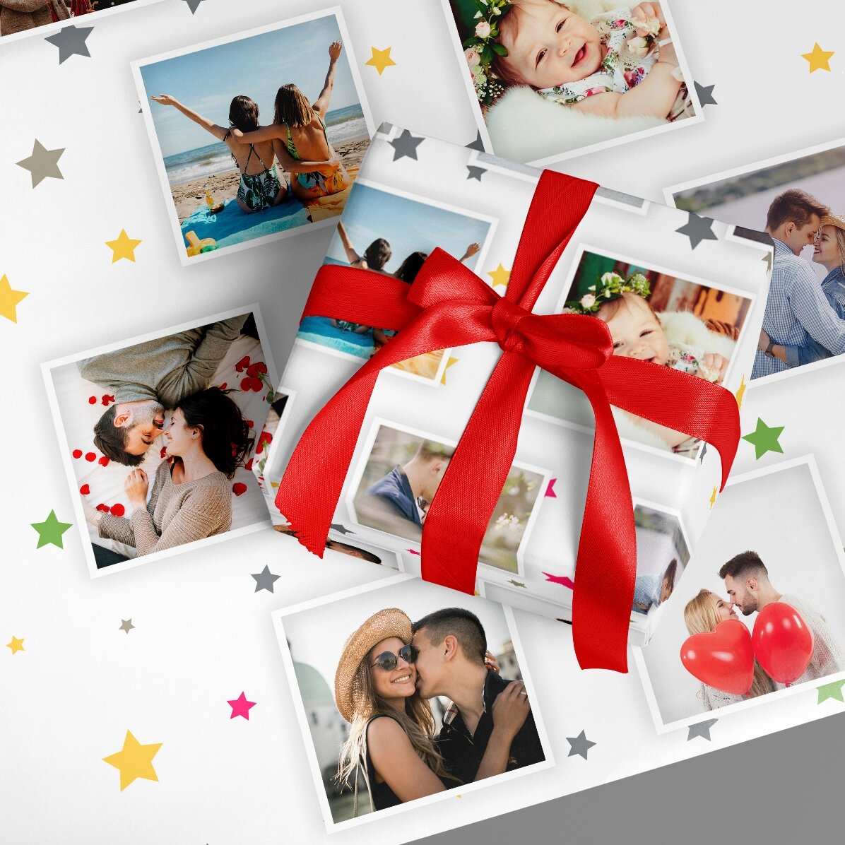 Papel de regalo personalizado con 13 fotos y un fondo de estrellitas de colores