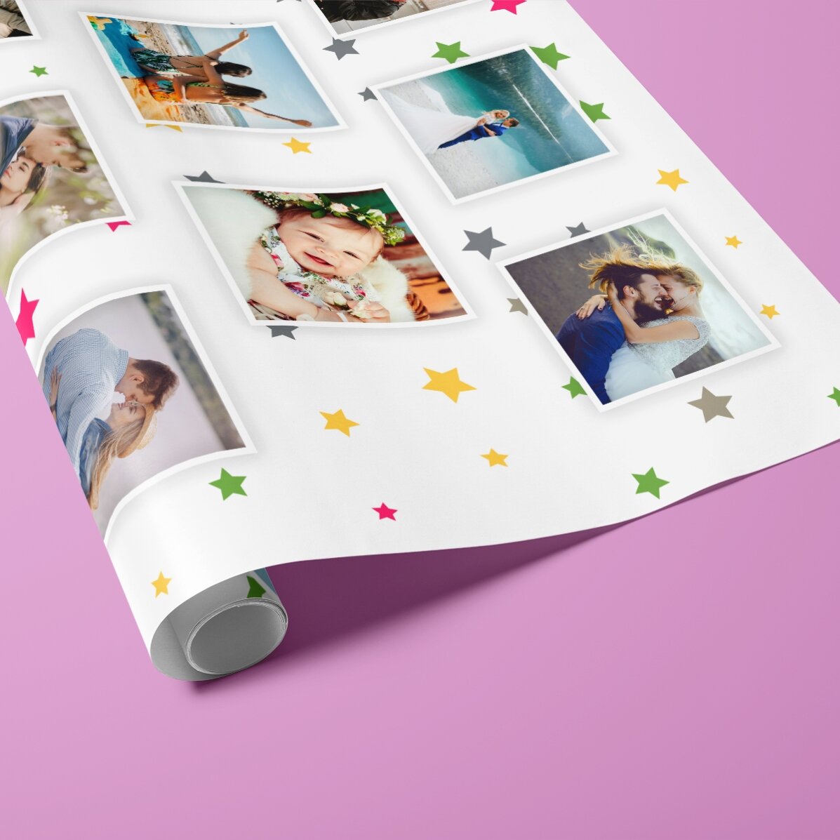 Papel de regalo personalizado con 13 fotos y un fondo de estrellitas de colores