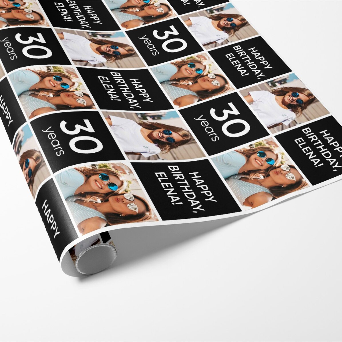 Papel de regalo personalizado con 2 fotos y un mensaje: ¡Feliz cumpleaños!