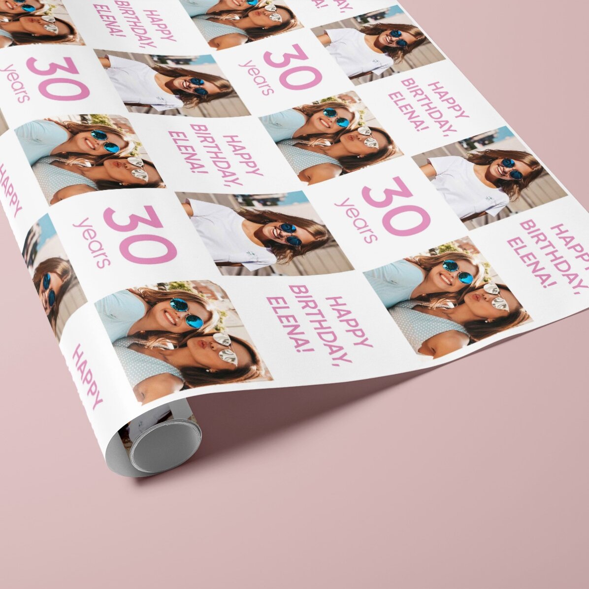 Papel de regalo personalizado con 2 fotos y un mensaje: ¡Feliz cumpleaños!