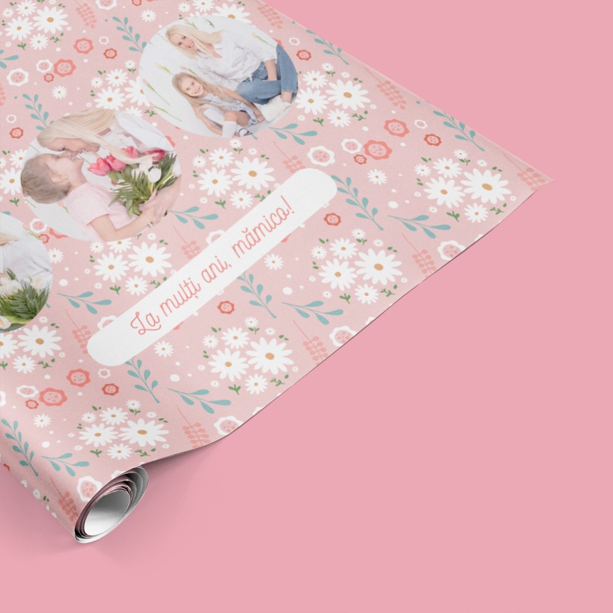 Papel de regalo personalizado con 3 fotos y texto - Flores de primavera