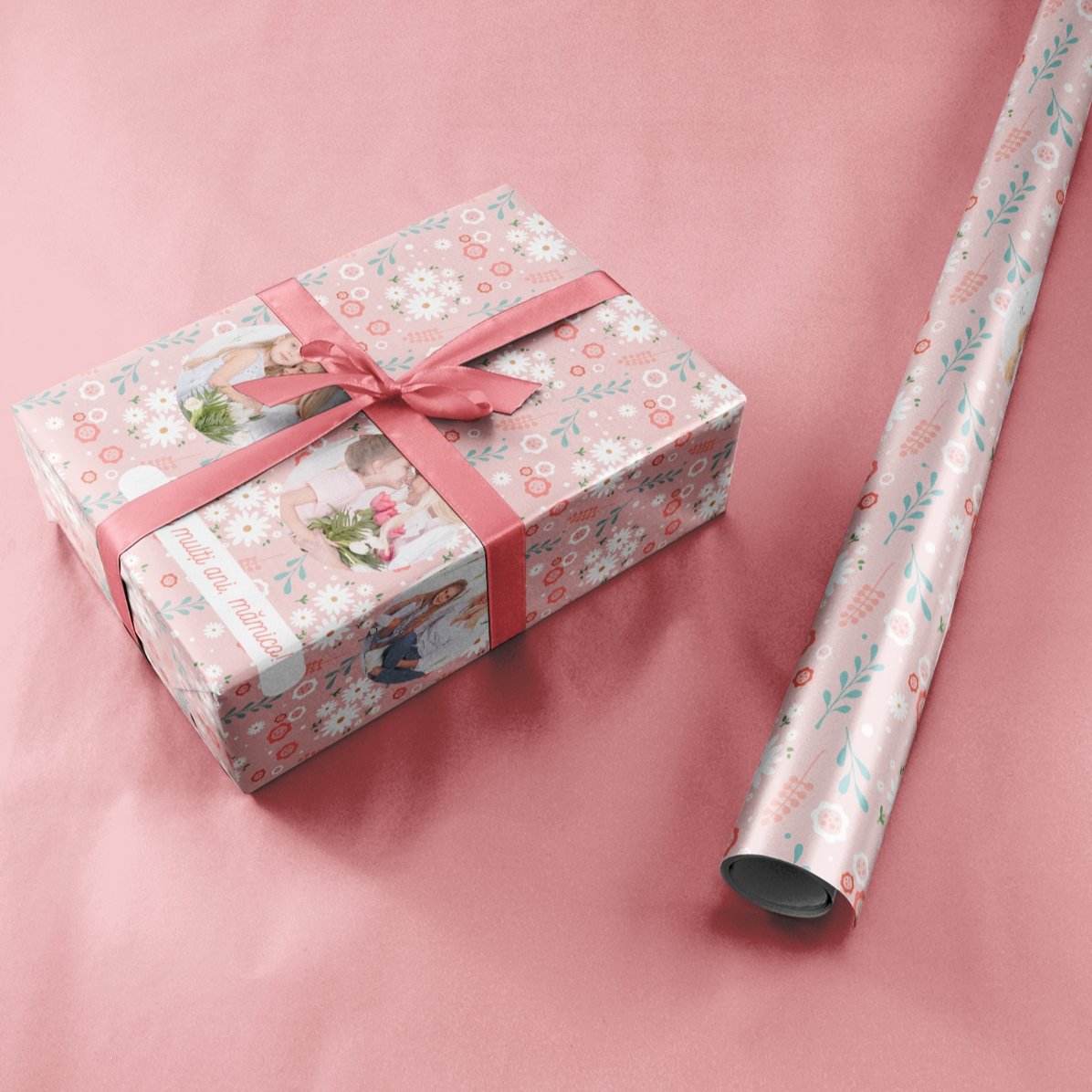 Papel de regalo personalizado con 3 fotos y texto - Flores de primavera