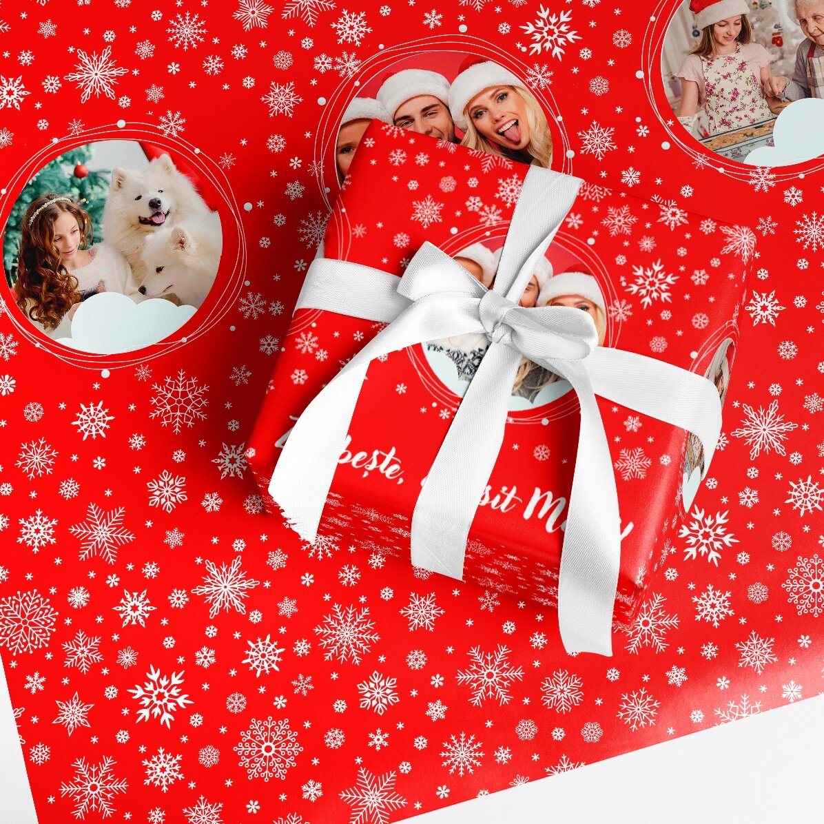Personalised gift wrapping paper with 3 photos and text - Snowflakes