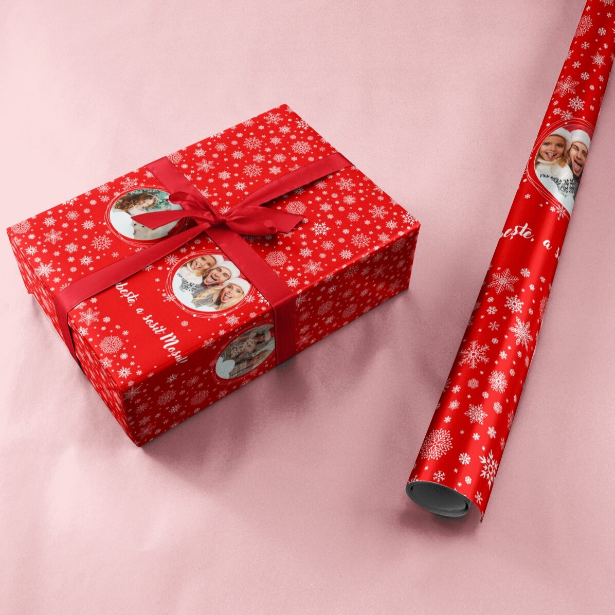 Personalised gift wrapping paper with 3 photos and text - Snowflakes