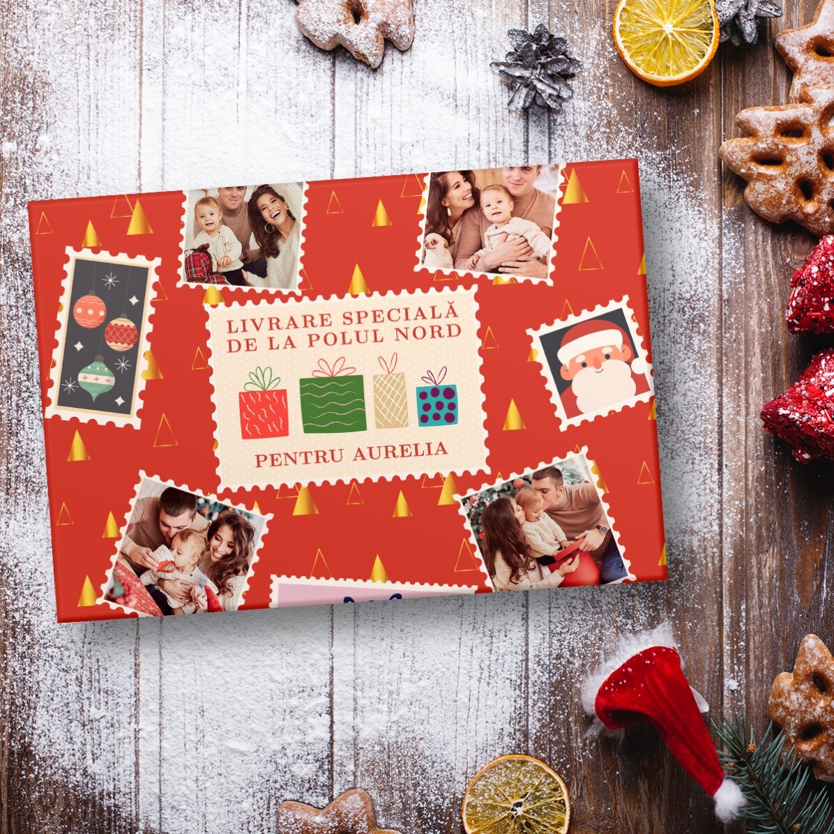 Papel de regalo personalizado con 4 fotos y texto - Sellos de Navidad