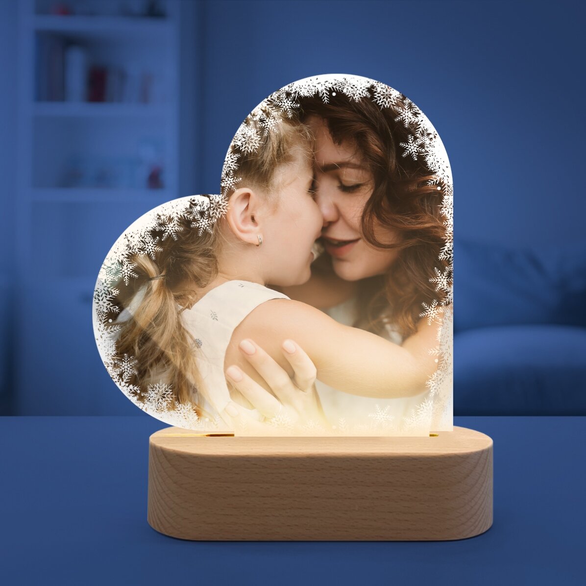 Lámpara LED de noche con forma de corazón personalizada con una foto - Copos de nieve