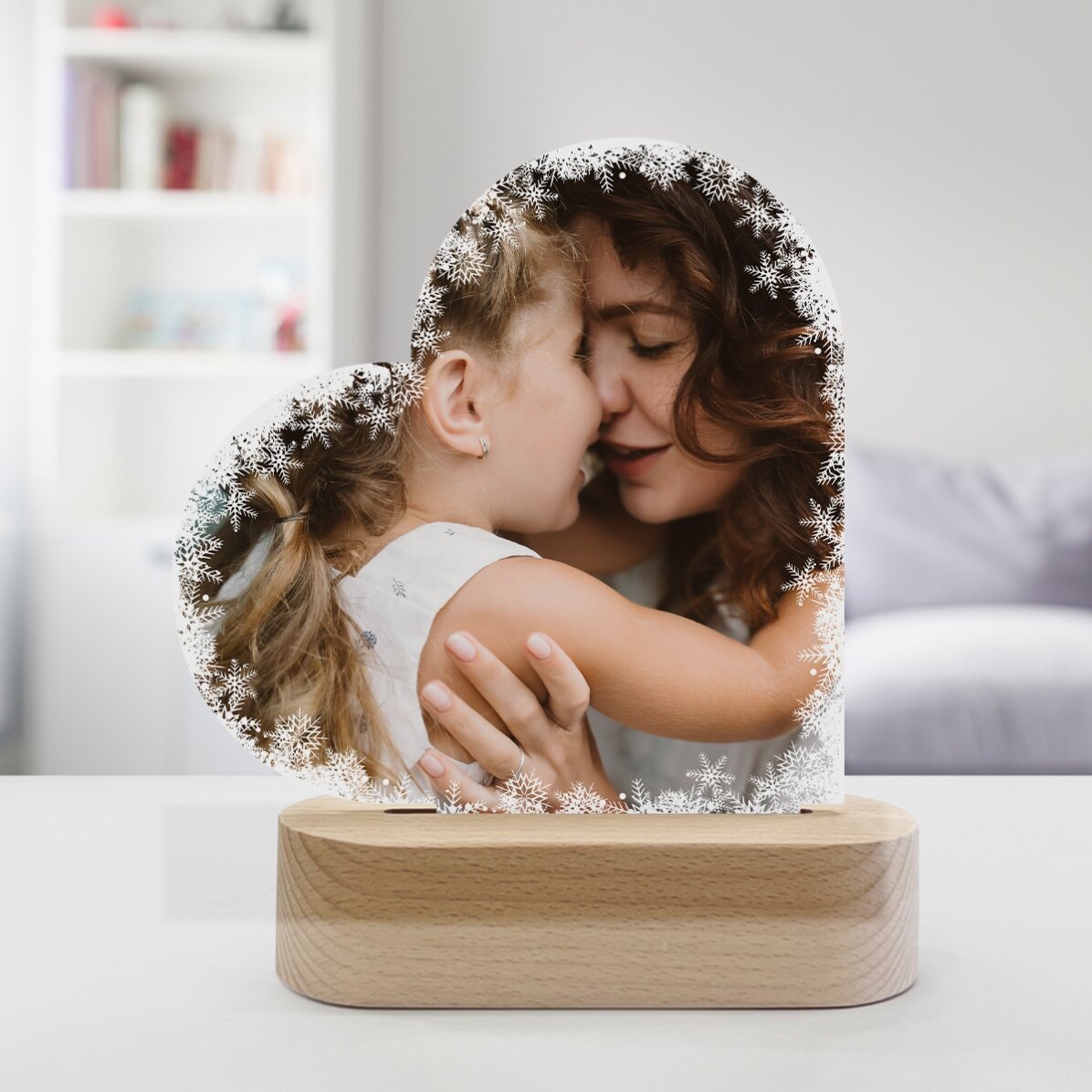 Lámpara LED de noche con forma de corazón personalizada con una foto - Copos de nieve