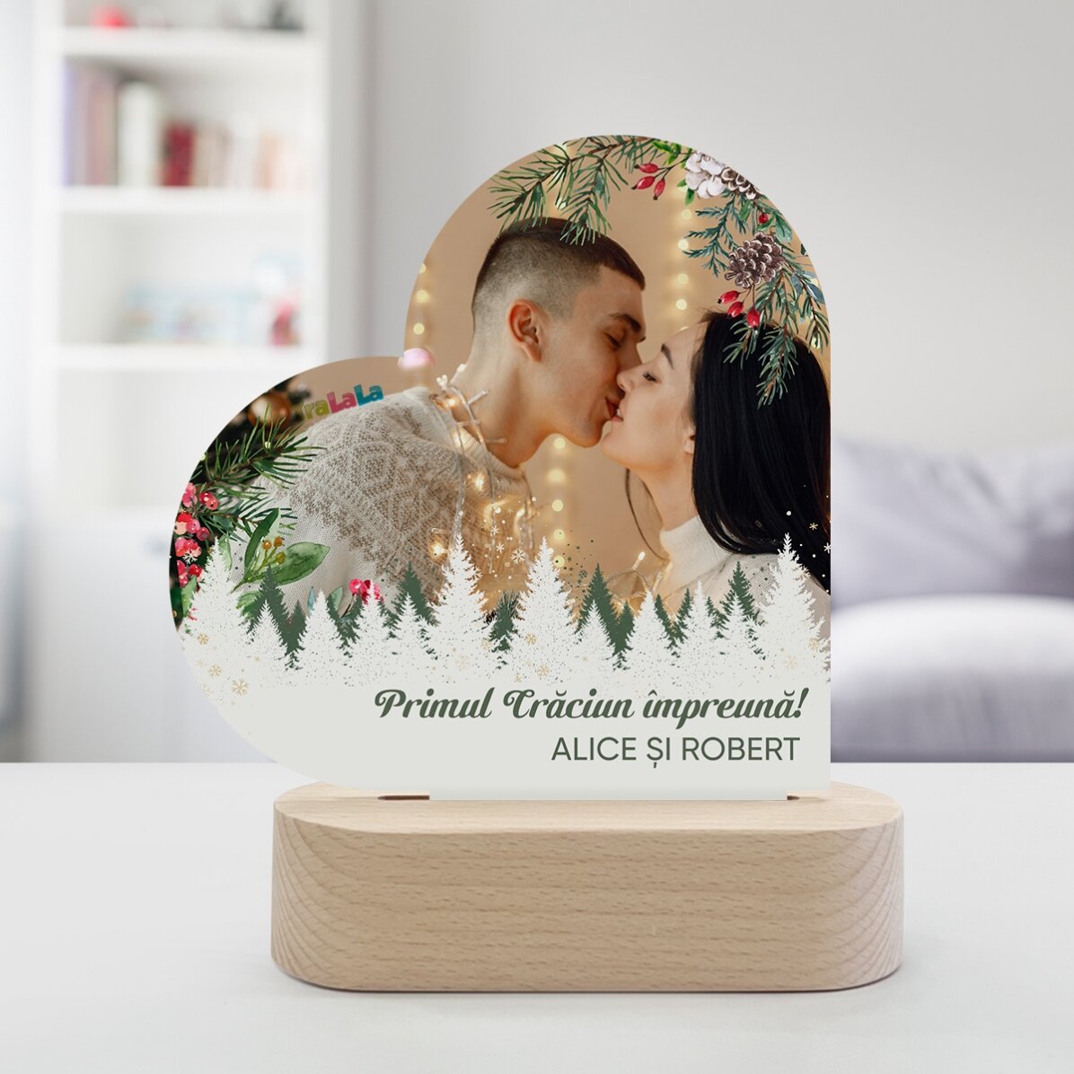 Lámpara LED de noche con forma de corazón personalizada con una foto y un mensaje - Feliz Navidad