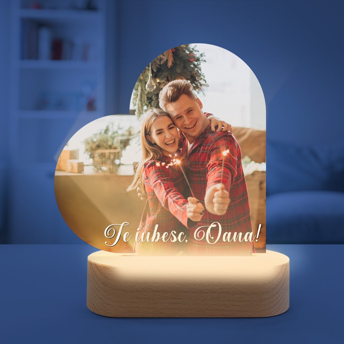 Lámpara LED de noche con forma de corazón personalizada con una foto y un mensaje