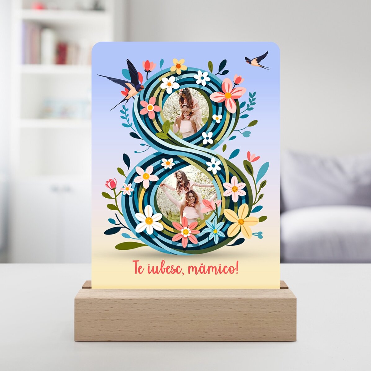Lámpara de noche LED personalizada con 2 fotos y texto - 8 floral