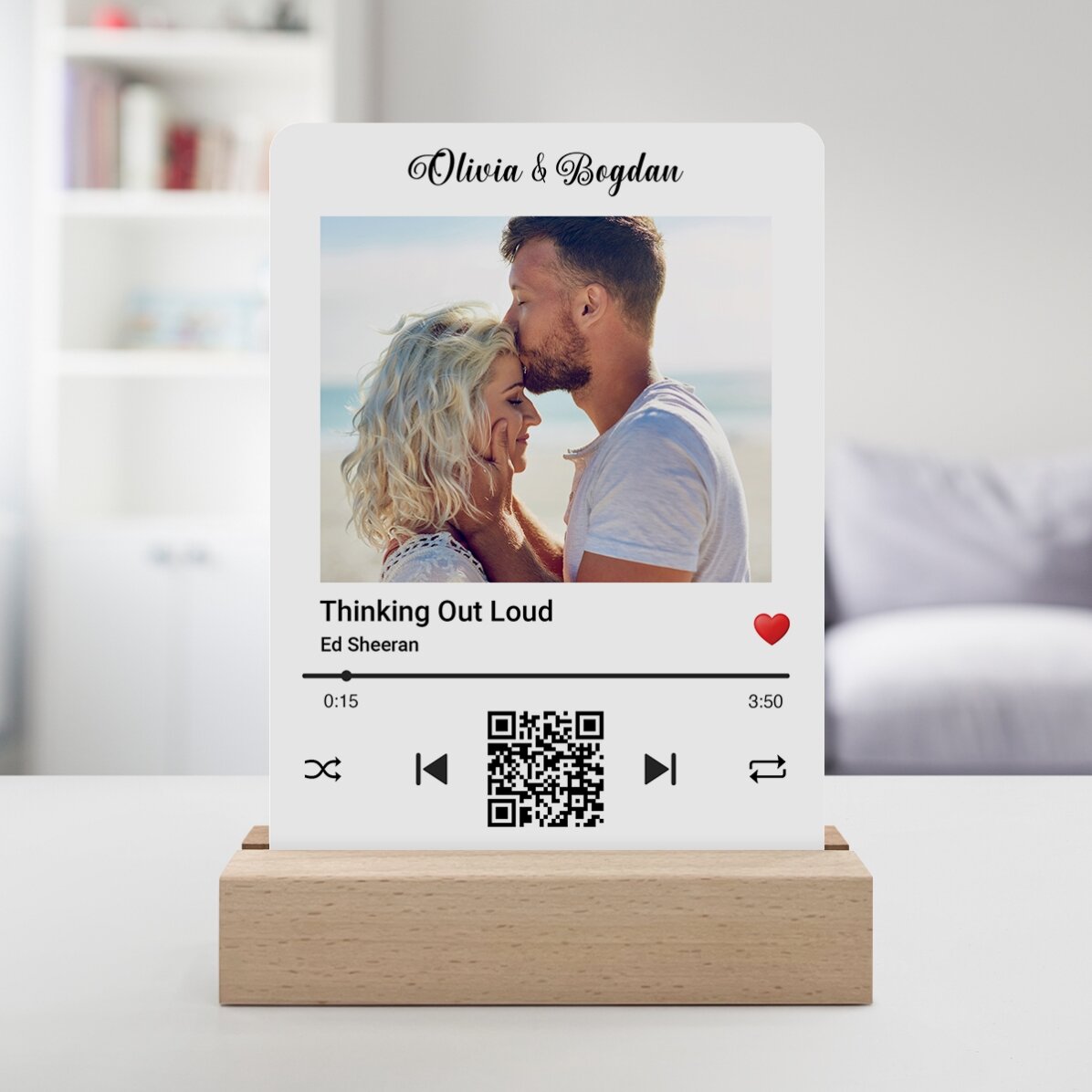 Lámpara LED de noche personalizada con una foto y un código QR - Nuestra canción