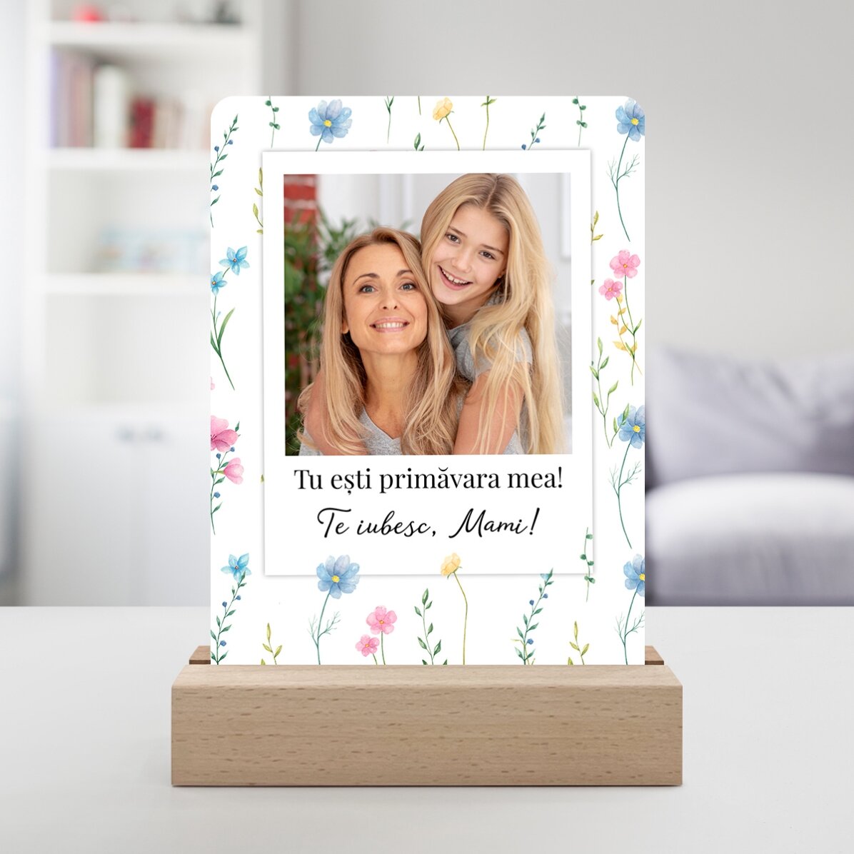 Lámpara LED de noche personalizada con una foto y un mensaje - Floral
