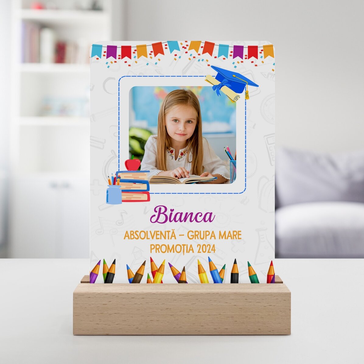 Lámpara LED de noche personalizada con una foto y un mensaje para niños - Graduación