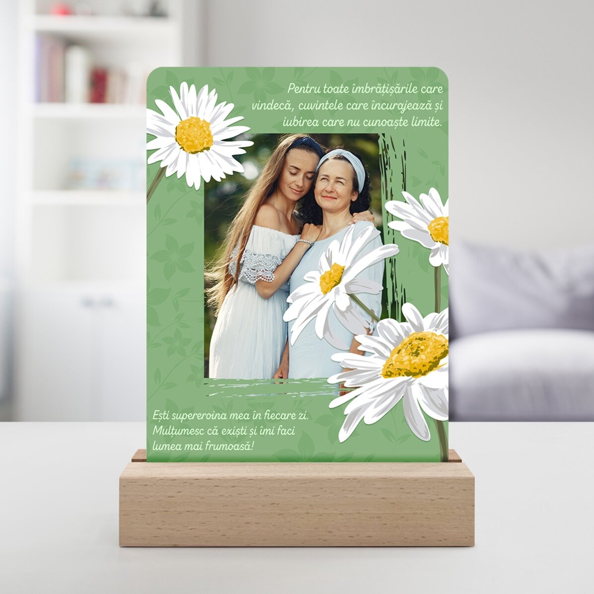 Lámpara LED de noche personalizada con una foto y un texto - Daisies