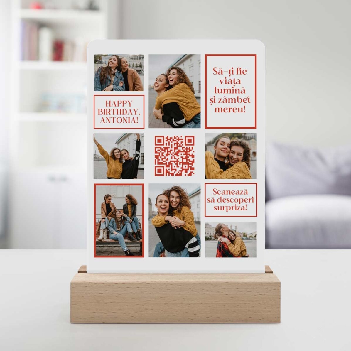 Lámpara LED de noche personalizada con 7 fotos, un mensaje y un código QR - ¡Feliz cumpleaños!