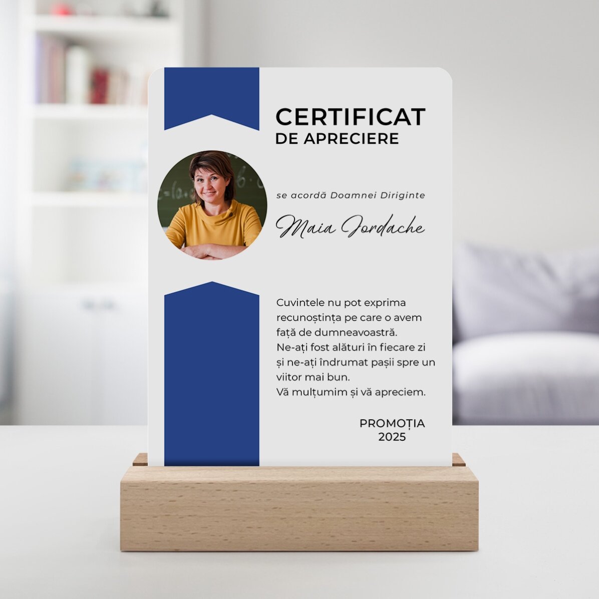 Lámpara LED de noche personalizada con una foto y un mensaje - Certificado de agradecimiento
