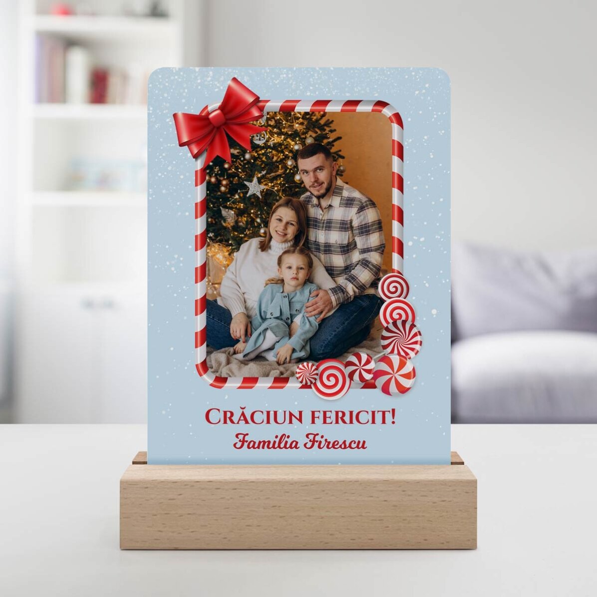 Lámpara LED de noche personalizada con una foto y un mensaje: ¡Feliz Navidad!