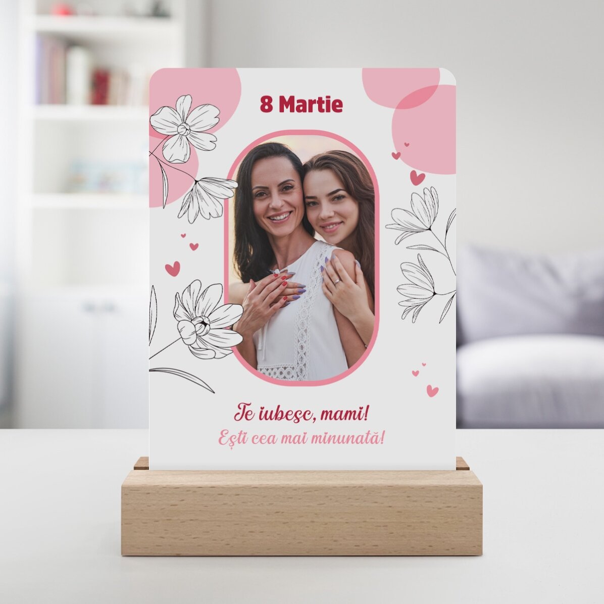 Lámpara LED de noche personalizada con una foto y un texto - Floral