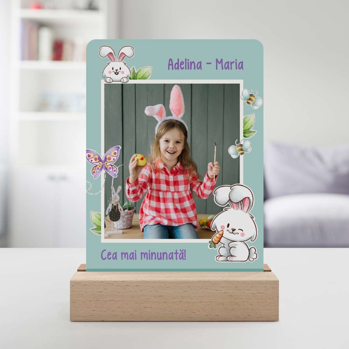Lámpara LED de noche personalizada con una foto y un texto - Conejito