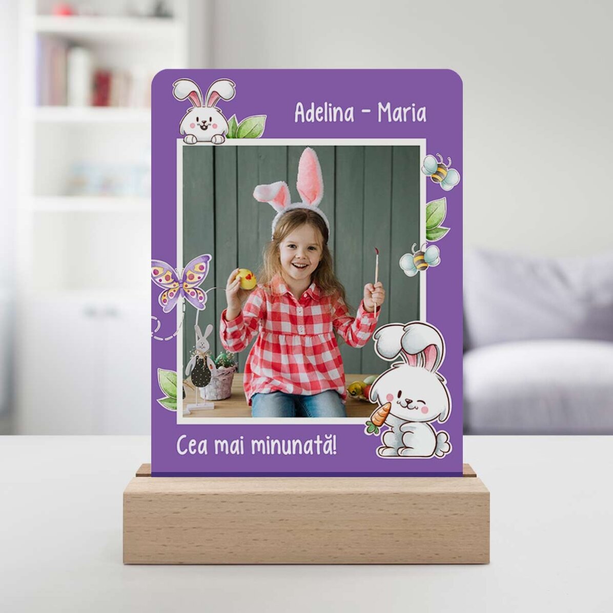 Lámpara LED de noche personalizada con una foto y un texto - Conejito