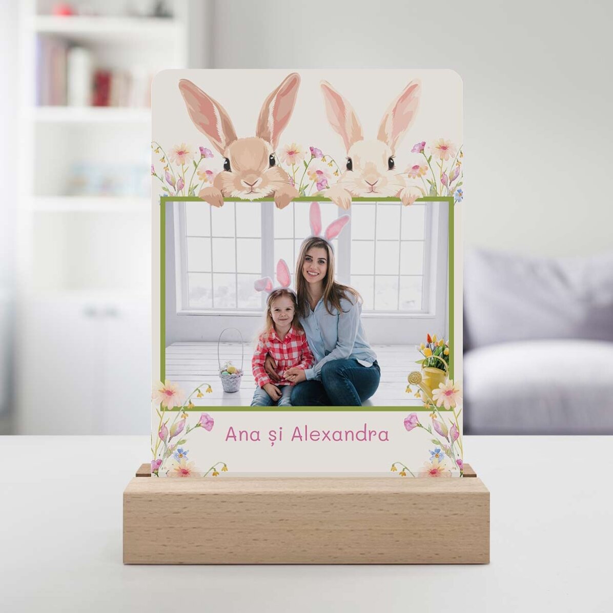 Lámpara LED de noche personalizada con una foto y un texto - Conejos