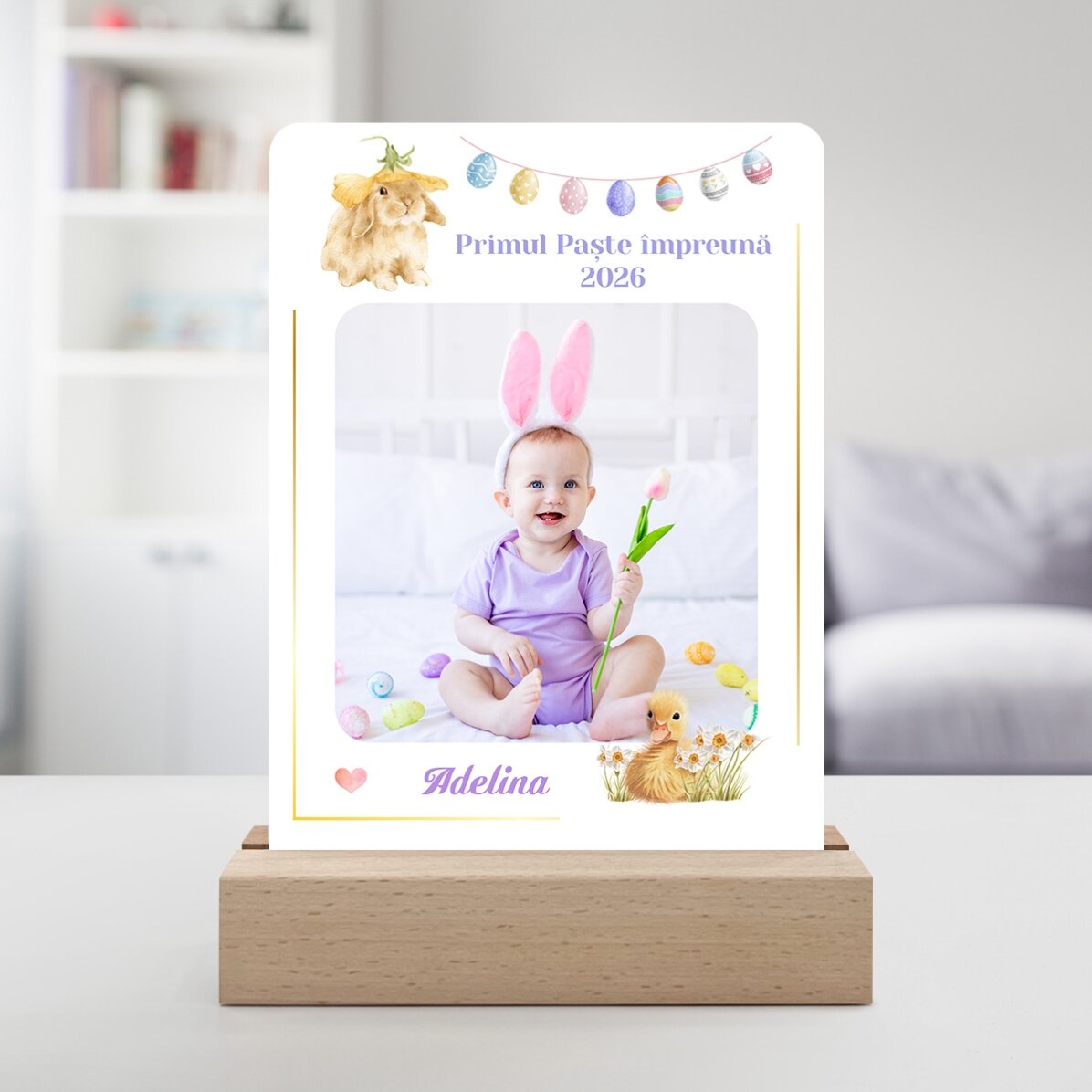 Lámpara LED de noche personalizada con una foto y un texto - Primera Pascua