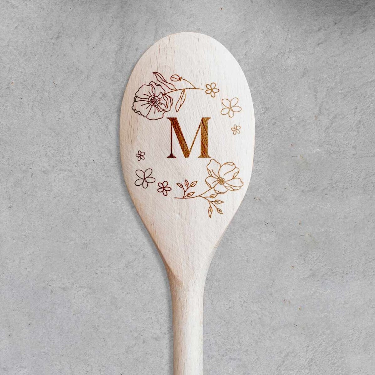 Cuchara de madera personalizada con una inicial - Flores