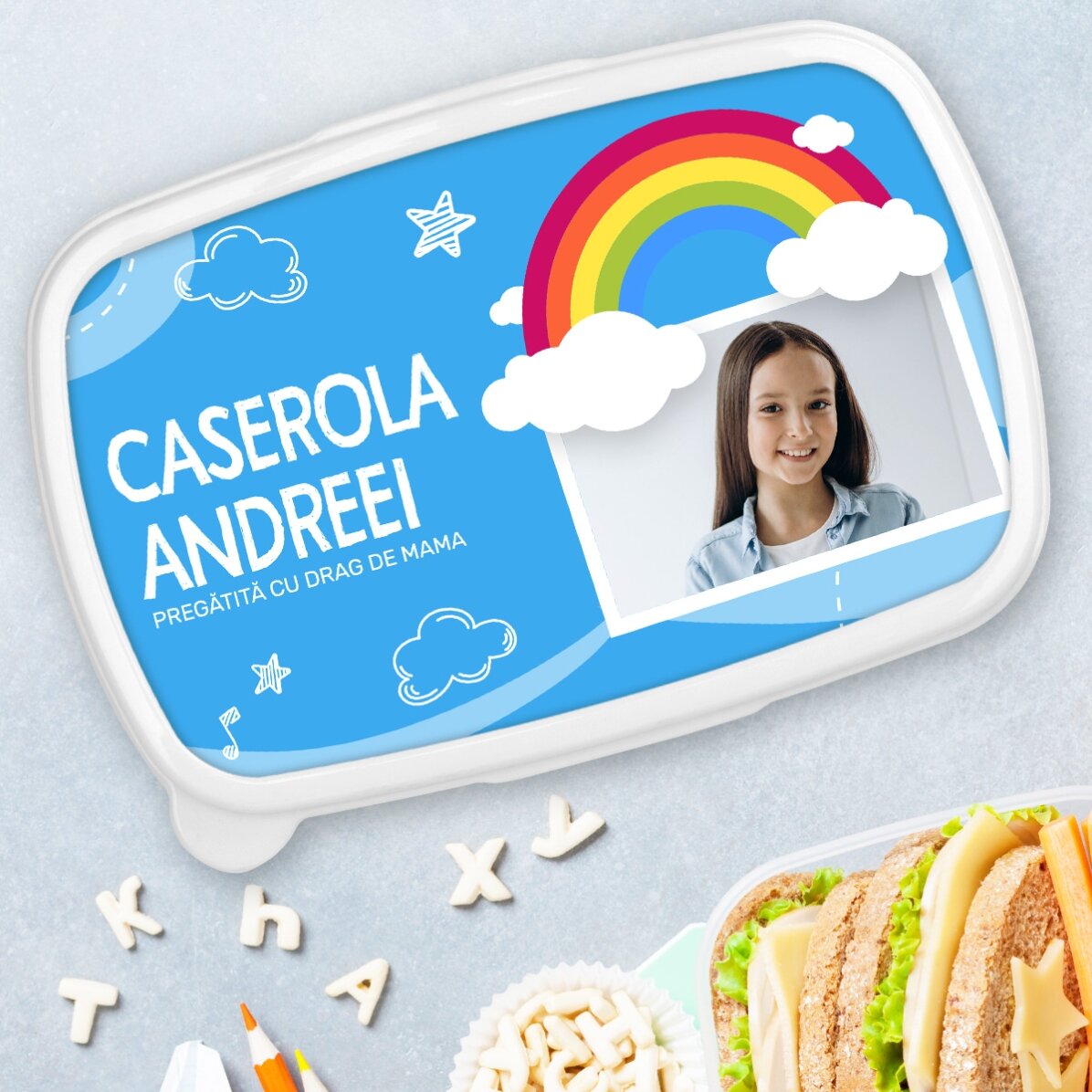 Fiambrera personalizada con una foto y un nombre - Modelo arcoíris