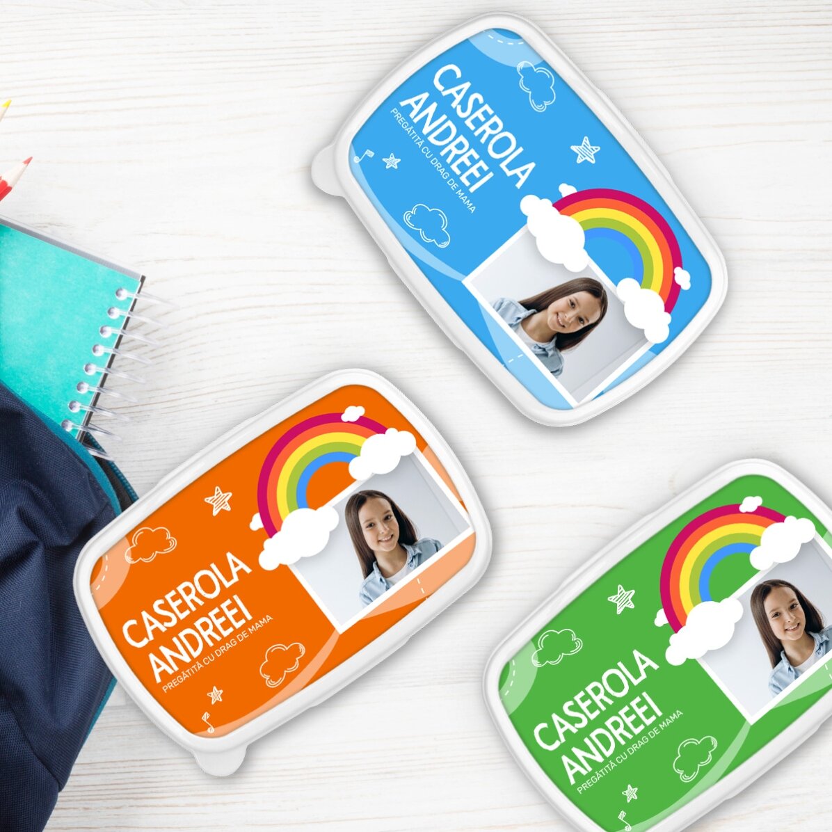 Fiambrera personalizada con una foto y un nombre - Modelo arcoíris