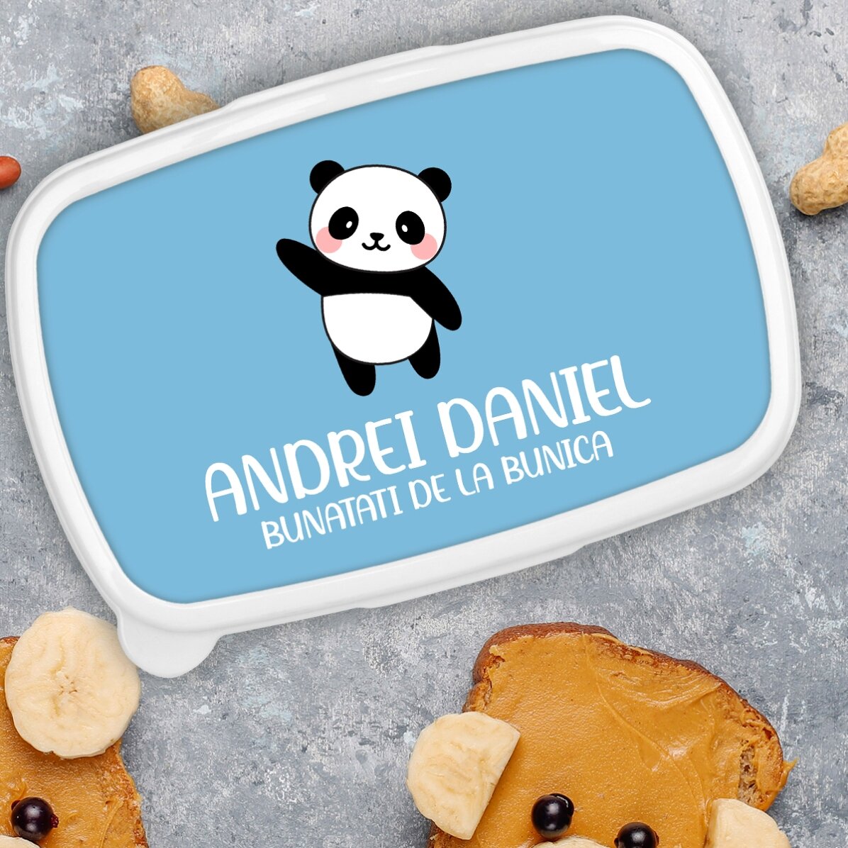 Lunch box, customised with text and coloured background - Panda