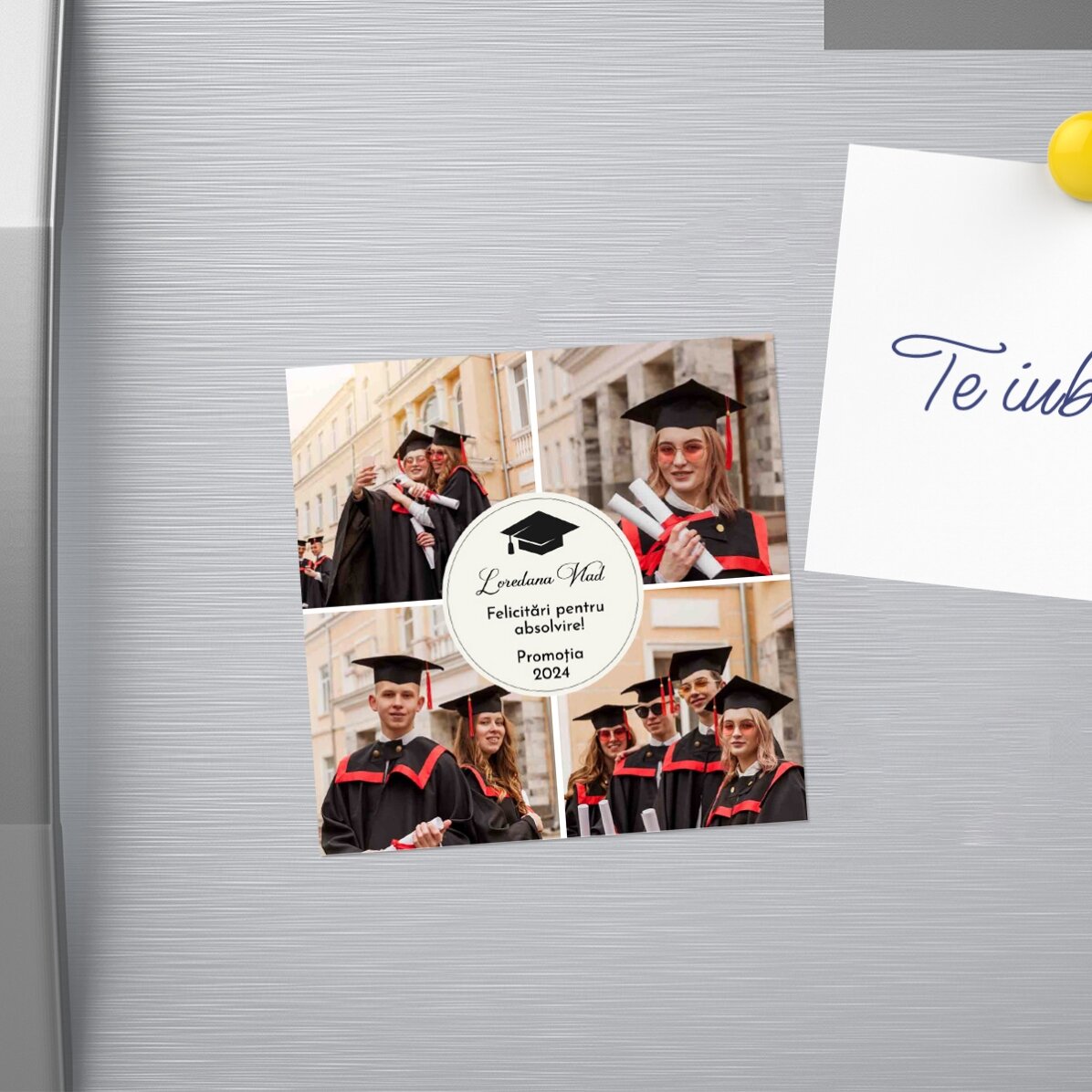 Imán personalizado de 10 x 10 cm con 4 fotos y texto - Graduación