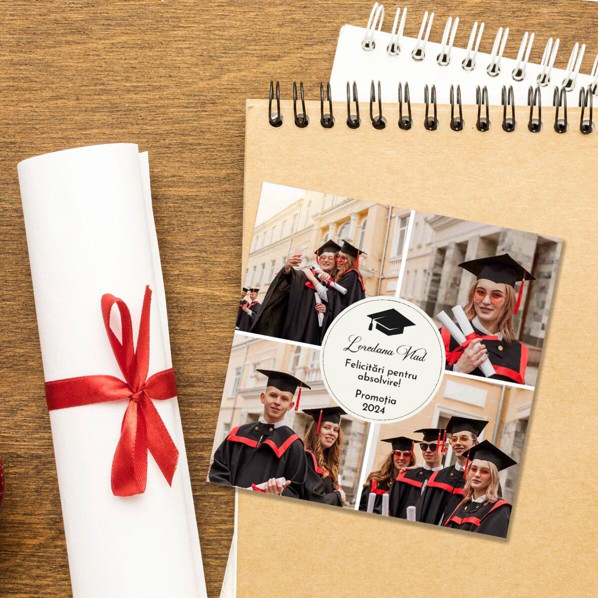 Imán personalizado de 10 x 10 cm con 4 fotos y texto - Graduación