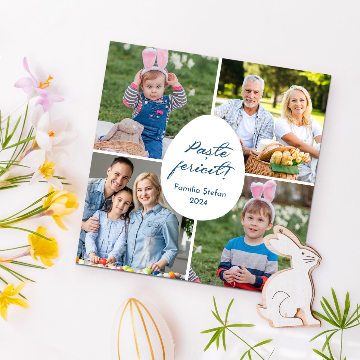 Imán personalizado de 10x10 con 4 fotos y un mensaje: «Feliz Pascua»