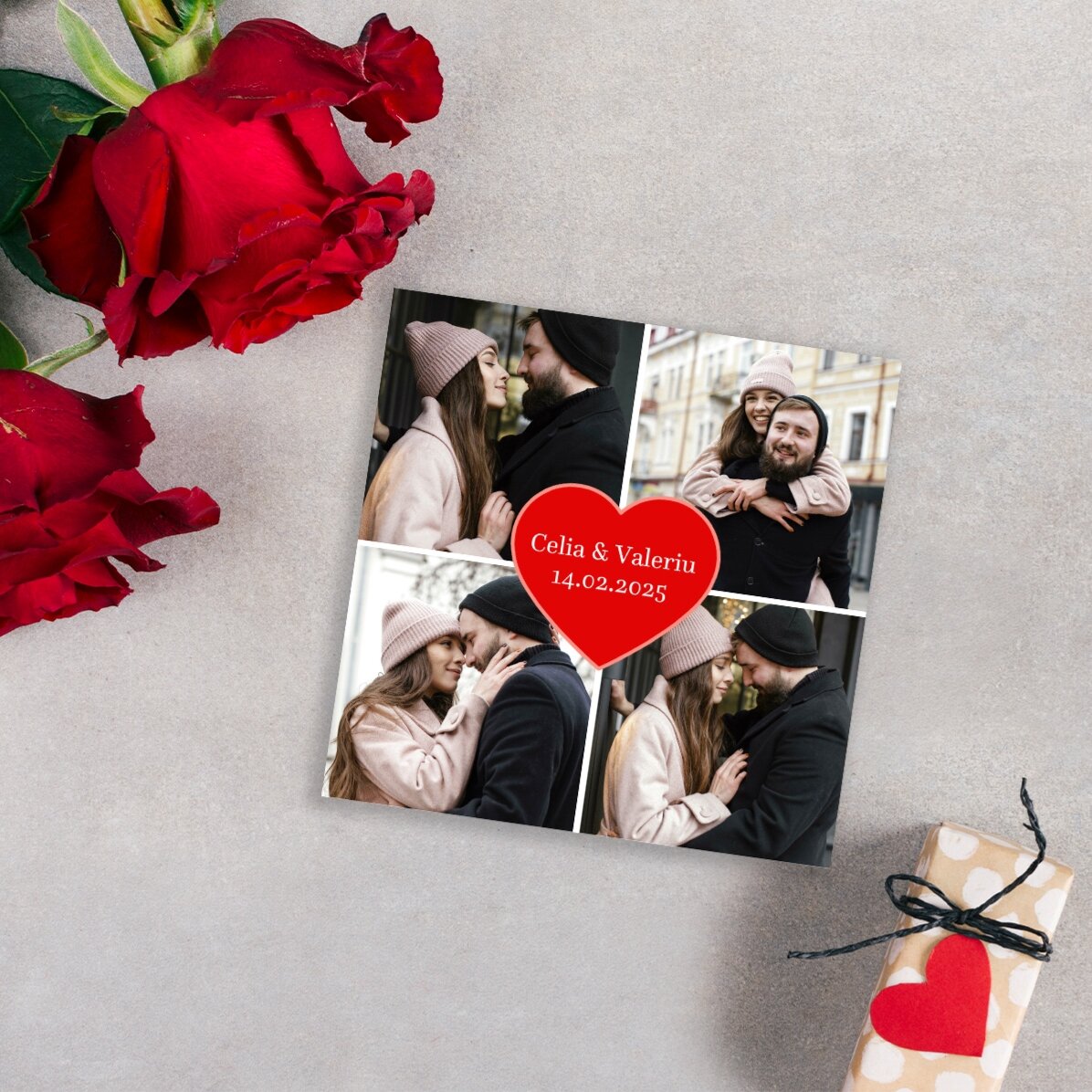 Imán personalizado de 10x10 con 4 fotos y texto - Corazón