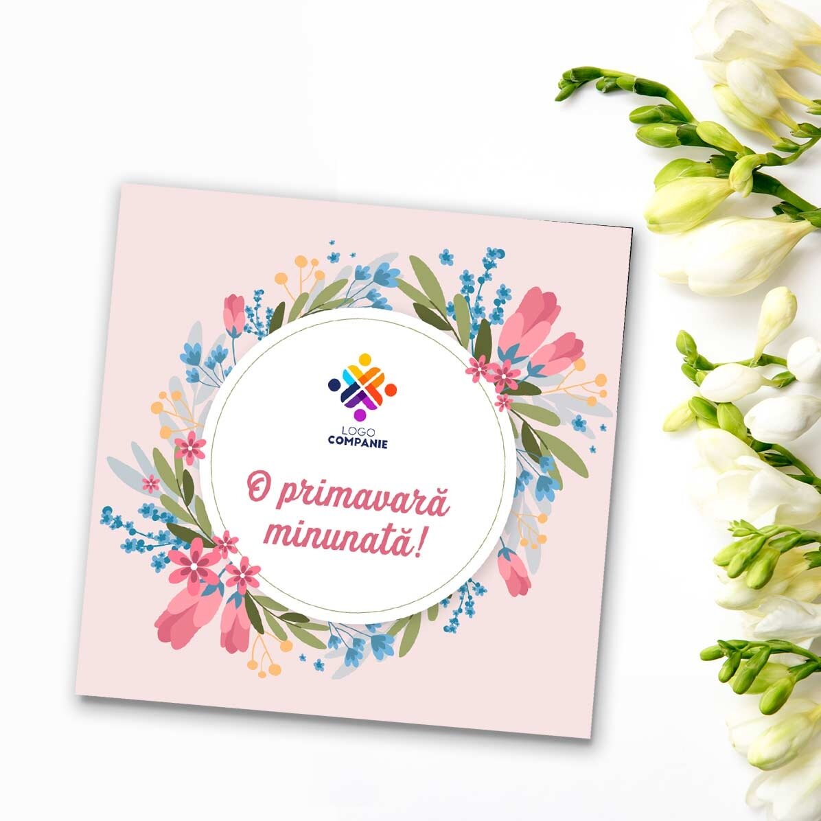 Imán personalizado de 10x10 con logotipo y texto: ¡Que tengas una bonita primavera!